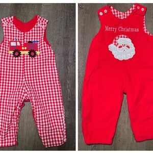Giggleboxes Reversible Baby Overalls Red Christmas Santa Firetruck 12 Months USA